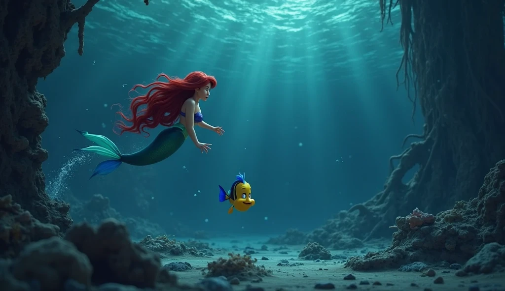 The Little Mermaid and her characters playing under the sea
