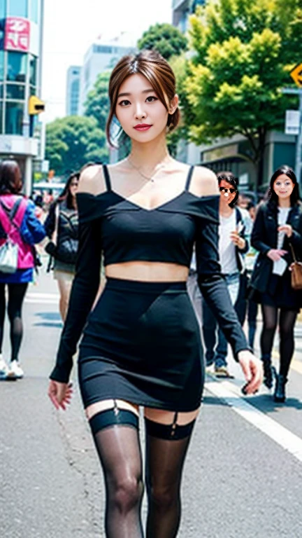 A 25-year-old woman, wearing a navy blue bandeau, navy blue short skirt, black hair, beautiful eyes, long eyelashes, human eye perspective, standing on the fashionable street posing