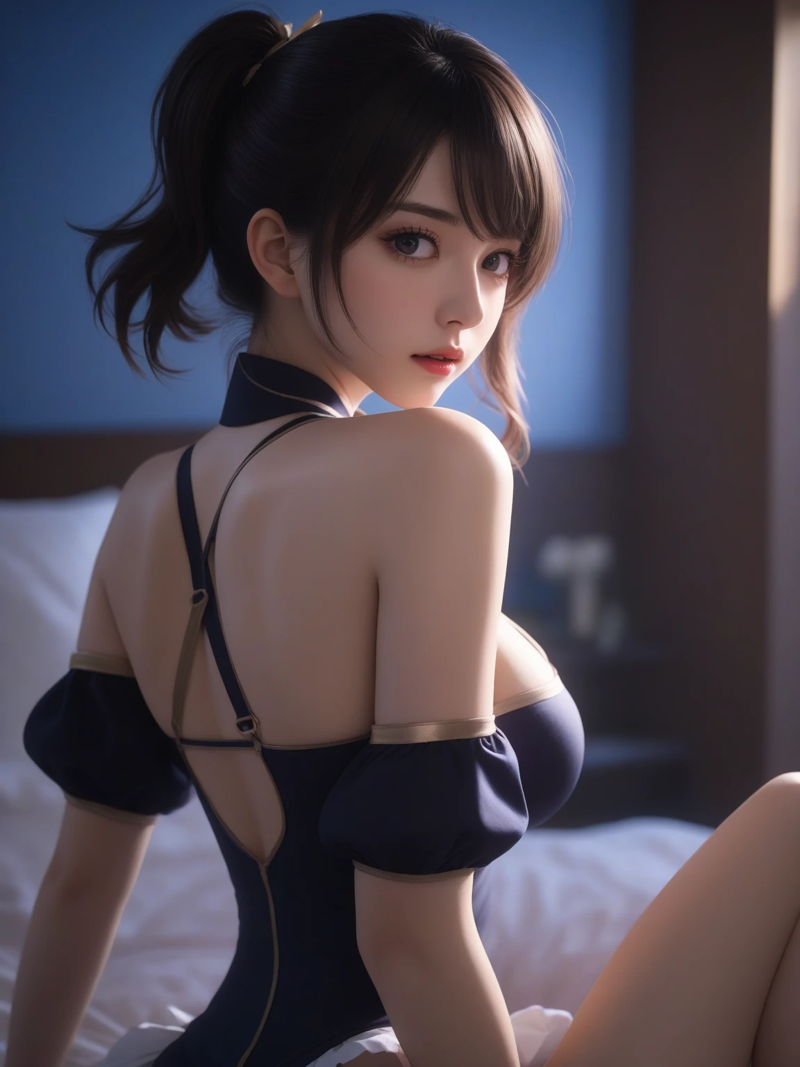 ((16K)),(masterpiece:1.3, Highest quality, Ultra-high resolution, Super detailed), (Realistic, photoRealistic:1.4), Perfect lighting, colorful, Depth of written boundary, Browsing Caution, Surrealism,Face Light,(( large breasts:1.4)),Beautiful detailed hair,((Beautiful eyelashes)), Beautifully detailed face, Beautiful fine details, Beautiful clavicle, Beautiful body, thin脚,Beautiful breasts, Beautiful feet, Beautiful Hands, Cleavage, Pointed Chest, thin, 1 girl, 21 years old,Perfect Face, Long eyelashes,Perfect Anatomy, Supermodel with a long neck,((Skinny1.3)),looking at the camera,(Perfect Anatomy,Anatomically correct, Highly detailed skin), Shiny skin,((beautiful girl:1.1)),(Mid-length hair:1.4, Wavy Hair:1.2 :Black Hair) ,See-through bangs,Dainty facial structure,((Sexy expression:1.5)),Face Light,((wearing(navy blue) T-back leotard:1.3)),Cleavageカットアウト,Lots of cutouts,criss-cross halter,((cameltoe:1.4)),girly room with a sofa, decorated with cute and feminine items, soft pastel colors, and a cozy atmosphere,((Night view:1.1)),from above,


