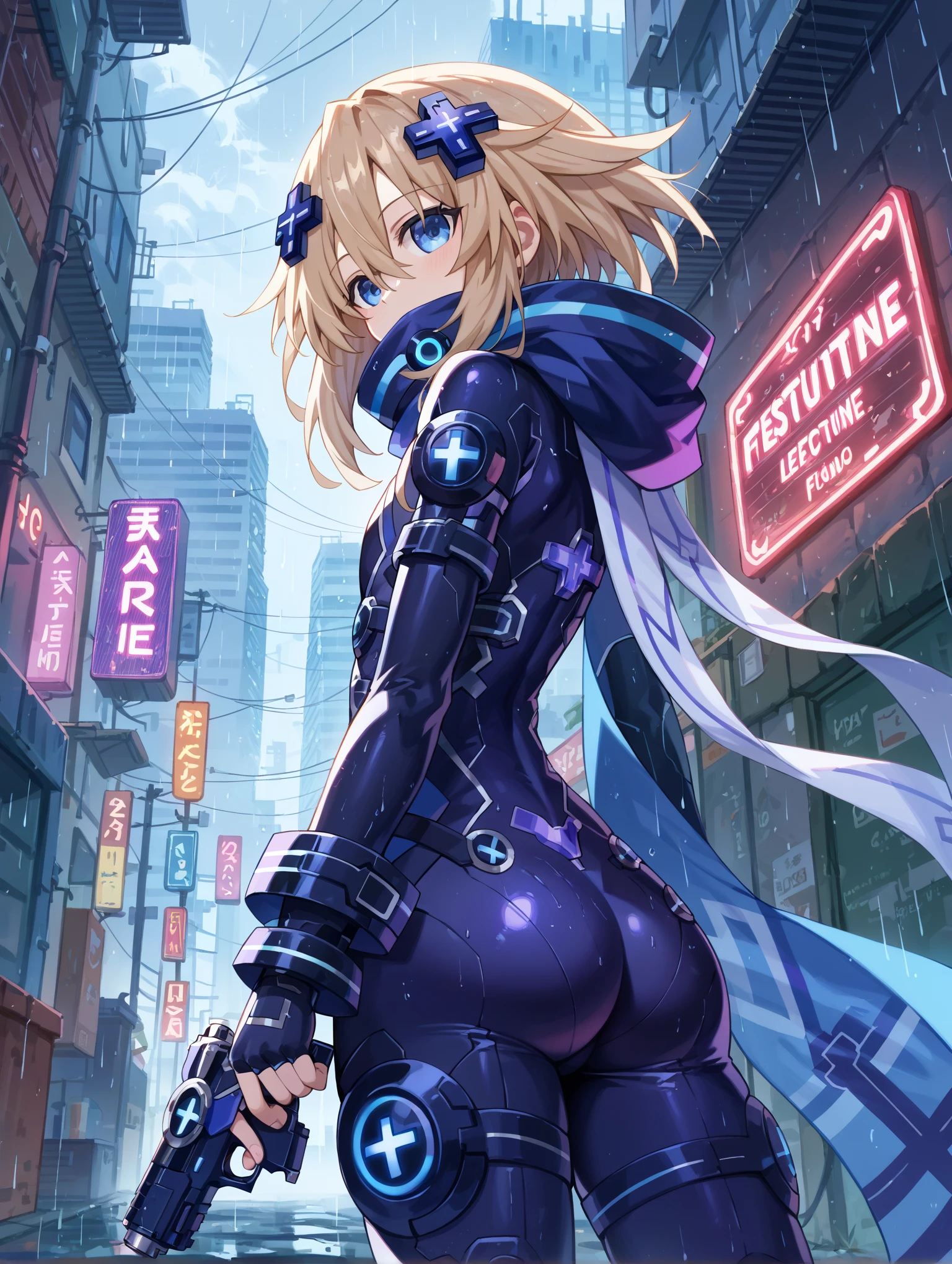 Beautiful, curly butt, single, 1 girl with glasses, 2 braids, pink hair, black eyes, mixed with sci-fi, neon pink and blue tones. Massive power swirled like elements of lightning, pink light, and sparks. In the background, there was a neon-lit robot. In the background, there are robots in the background. The composition of the picture has robots in the background.