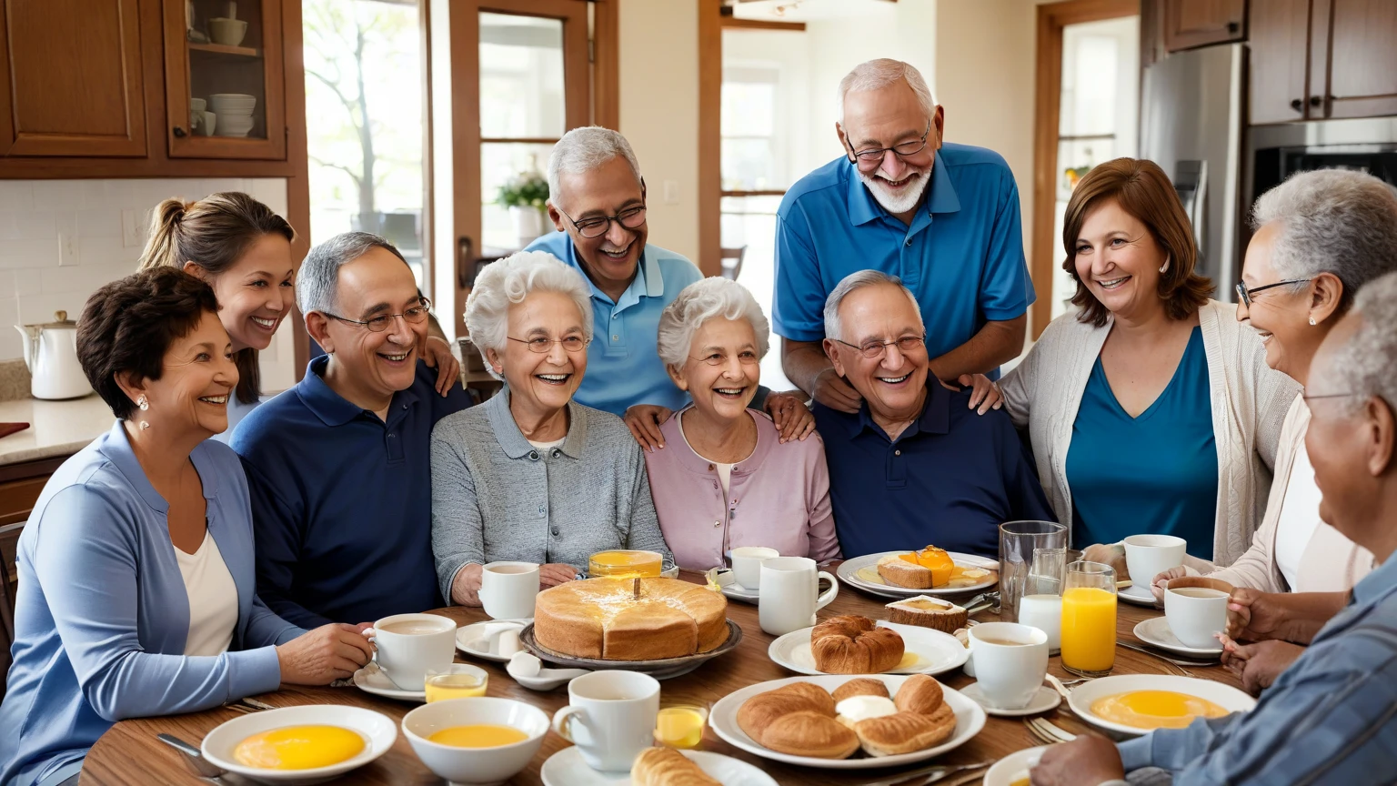 A hyper-realistic image of a Latin American family having breakfast in a large kitchen. The scene must include six people: the parents, two children, and two grandparents, all of Latino descent, with no white individuals. Everyone is shown enjoying chocolate as part of their breakfast. The kitchen is modern and well-lit, with natural light streaming in through large windows. The grandparents are clearly visible, interacting warmly with the children and parents. The image should capture detailed expressions and vibrant colors, emphasizing the joyful connection between the family members as they share a meal together.