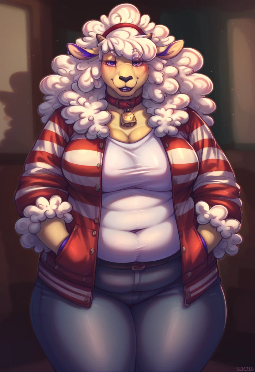 Sha from Walten files, sheep girl, anthro, mature, purple ears, two-toned ears, two-toned skin, clothed, pants, shirt, (wearing red striped leather jacket), chubby, obese, BBW, huge , best quality, highly detailed, high resolution, detailed background, detailed clothing, detailed body, masterpiece, good , handfixer