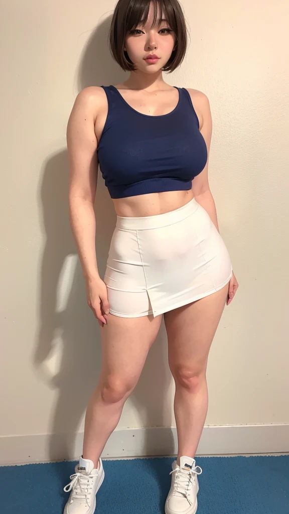 full body of overweight chubby girl, fat waist, fat thighs, fat arms, short legs, boots, chubby finger, wearing choker collar, wearing white crop top, (white crop top:1.5), wearing panties, standing and looking at the viewer, inside dirty warehouse