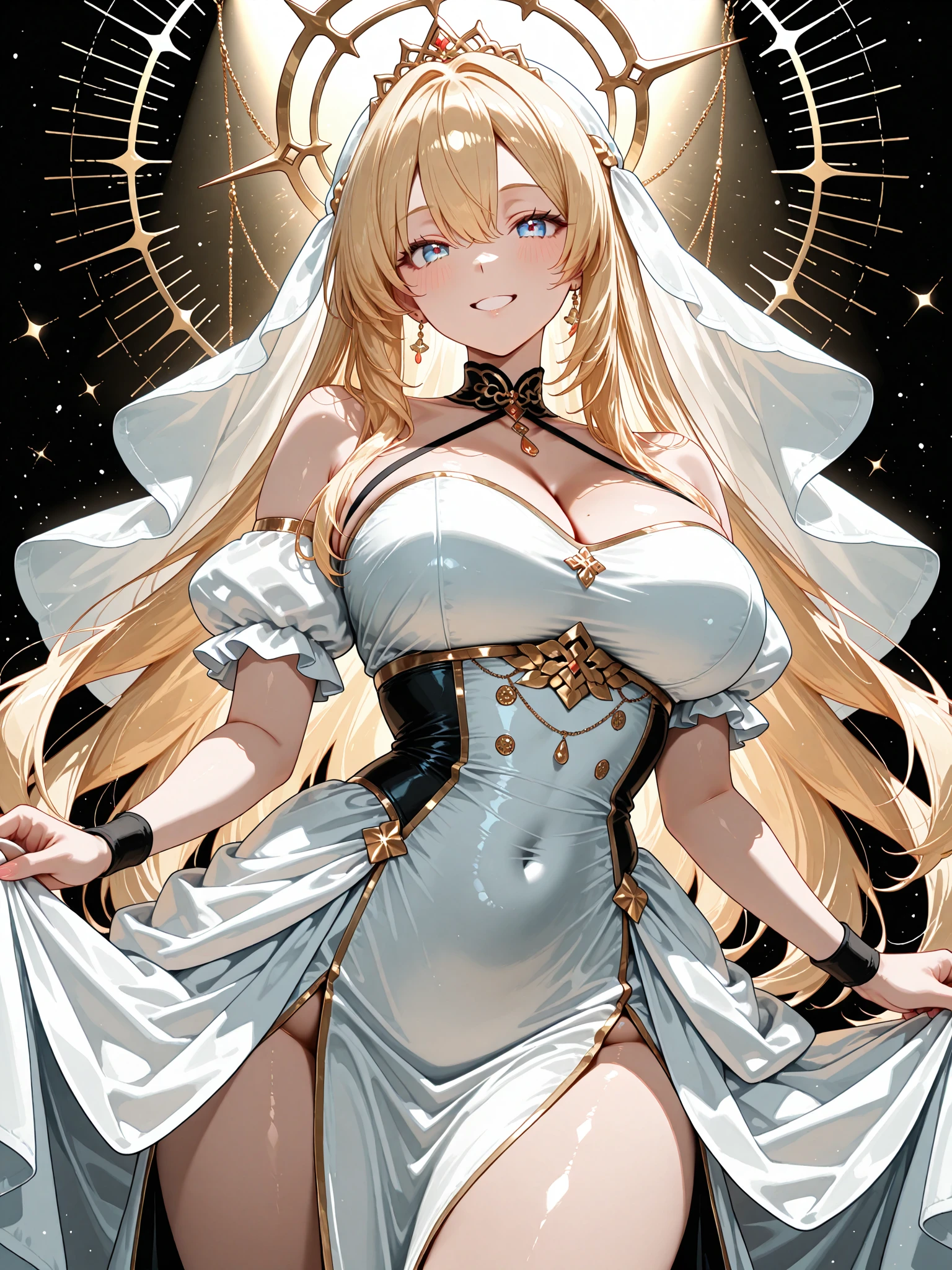 (Perfect Fingers)、sing、(High quality, Ultra detailed, best quality, insanely detailed, beautiful, masterpiece)、(Beautiful blonde wavy hair、A transparent, shining white veil:1.5)、(beauty、Last、Female dog、Prostitute)、((Completely naked:1.5)、(Huge breasts)、(Huge areola、Thick and plump nipples)、(Wide Hips、Thick thighs、curve))、((See-through white opera gloves、See-through white knee socks、Sheer white garter belt、Absolute area))、((A giant cross tattoo glowing on the stock)、(Camel toe)、(NSFW:1.5))、(Outer space background、giant galaxy、star、(Glowing Star Trails:1.5))