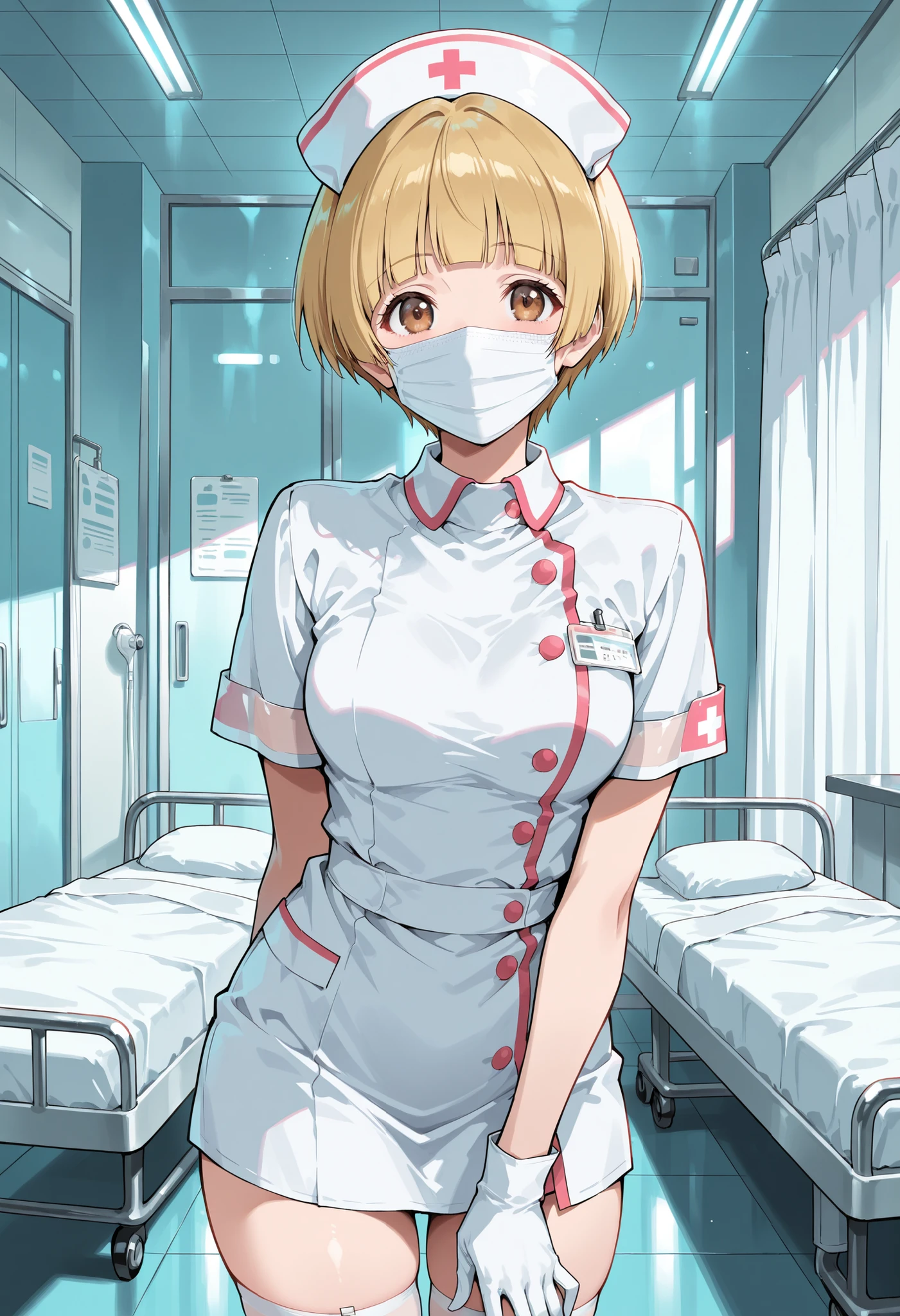 1woman, solo, nurse, white nurse cap, white nurse uniform, ((white legwear, zettai ryouiki)), white gloves, blonde hair, blue eyes, ((white surgical mask, covered nose)), standing, ((hospital room)), sharp outline, short sleeves, mature female, 35 years old, best quality, masterpiece