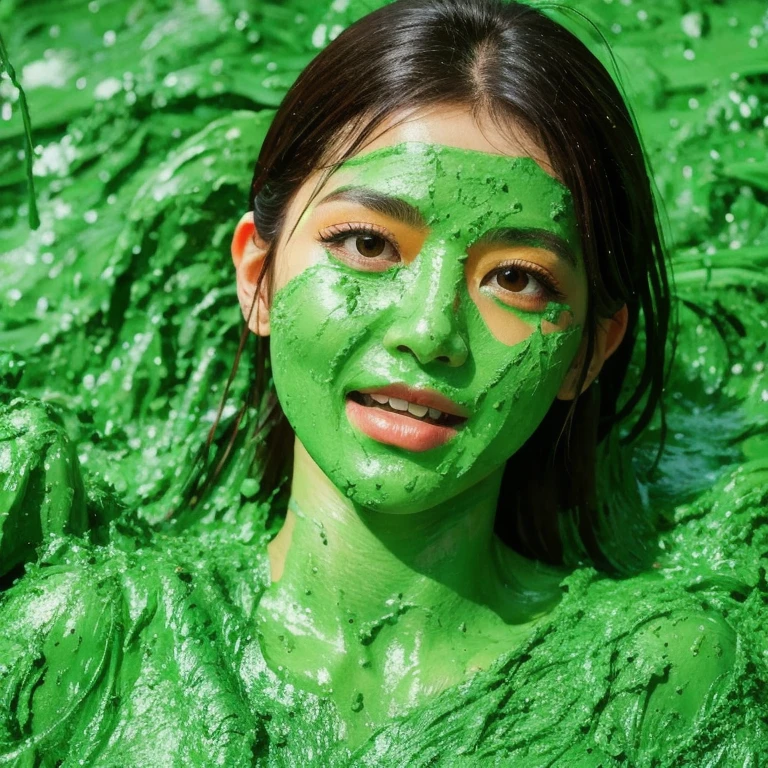 ((Best quality, 8k, Masterpiece: 1.3)), Sharp focus: 1.2, A beautiful woman with perfect body: 1.4, Slim abdomen: 1.2, ((Layered haircut, Large breasts: 1.2)), (no bra) (Small), slime bucket above her head, ((Green slime falling down)) high quality, best quality, masterpiece, 1girl, smile, long hair, stage, Tv game show, attractive brunette, slimed woman, ((green slime falling on her hair and face)), woman standing in a glass tank, laughing crowd, shallow depth of field, large audience, Slimed, woman, shocked, photorealistic, full length, bright studio, crowd behind.