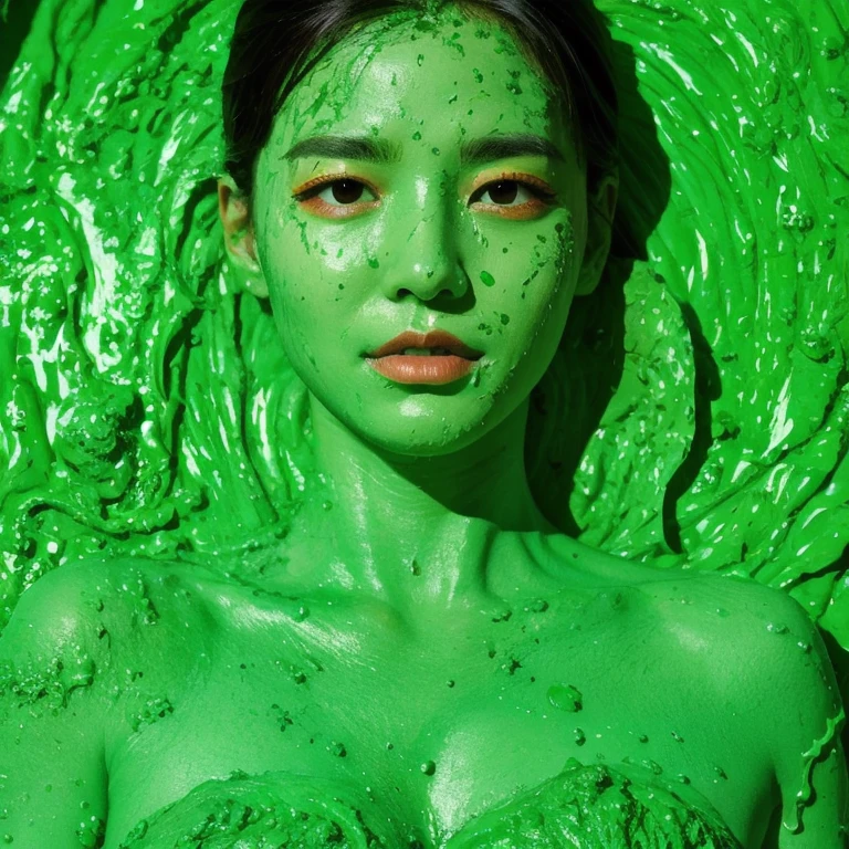 8k, HD, masterpiece, hyper realistic, photo realism, hyper detailed, extreme texture, (21-year Korean woman: 1.2), sexy, (slime dripping down head: 1.8), (thick slime dripping down body: 1.7), (thick slime dripping down hair: 1.6), surreal), (illustration), (high resolution), (8K), (very detailed), (best illustration), (smart short black hair), (beautiful and detailed black eyes), (best quality), (super detailed), (masterpiece), (wallpaper), (detailed face), solo, (dynamic pose), 1 female, open legs, green sludge, open legs, Firm elastic medium breasts, Round plump elastic buttocks, sheer, moaning, enjoyment, (no bra), green sludge on hair and skin, Shocked Asian woman covered in green sludge, green sludge dripping, greenish liquid, green slime, green sludge everywhere, character is covered in liquid, sludge, dripping goo, oozing wet and slimy, beautiful green liquid, expressing humiliation,