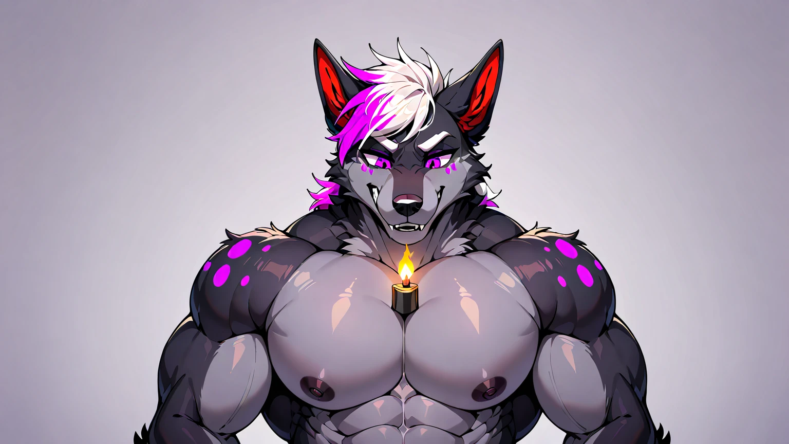 score_9,score_8_up,score_7_up, lynx, hybrid, furry art, long hair, hair over shoulder, shirtless, ((shota)), (purple fur), purple body, ((soft body)), fuzzy, one fang, purple eyes, kemono, cute, ((eyeliner)), mascara, eyelashes, huge collar, ???, young, narrowed eyes, between legs, fullbody, floppy ears, navel, belly, view from below, nipples, ear piercing, ((lingerie)), shoulder tuft, chest tuft, excessive fluff, (chest fur), (neck fur), (neck tuft), belt, arm band, penis, nude, femboy, anal penetration, from behind position, all fours, duo, bara, being penetrated by a gray wolf, faceless male, blush