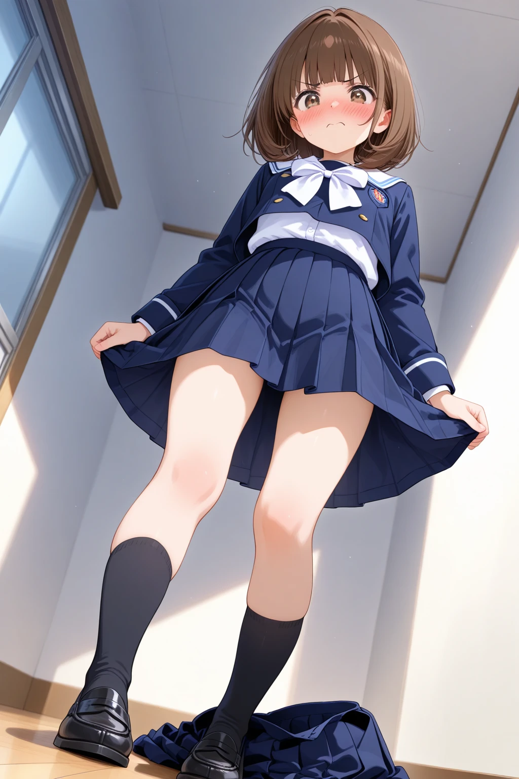 Beautiful high school girl, sitting on emergency stairs, knees up, legs apart, front view, looking at viewer, brown short hair, anxious, detailed eyes, red thong