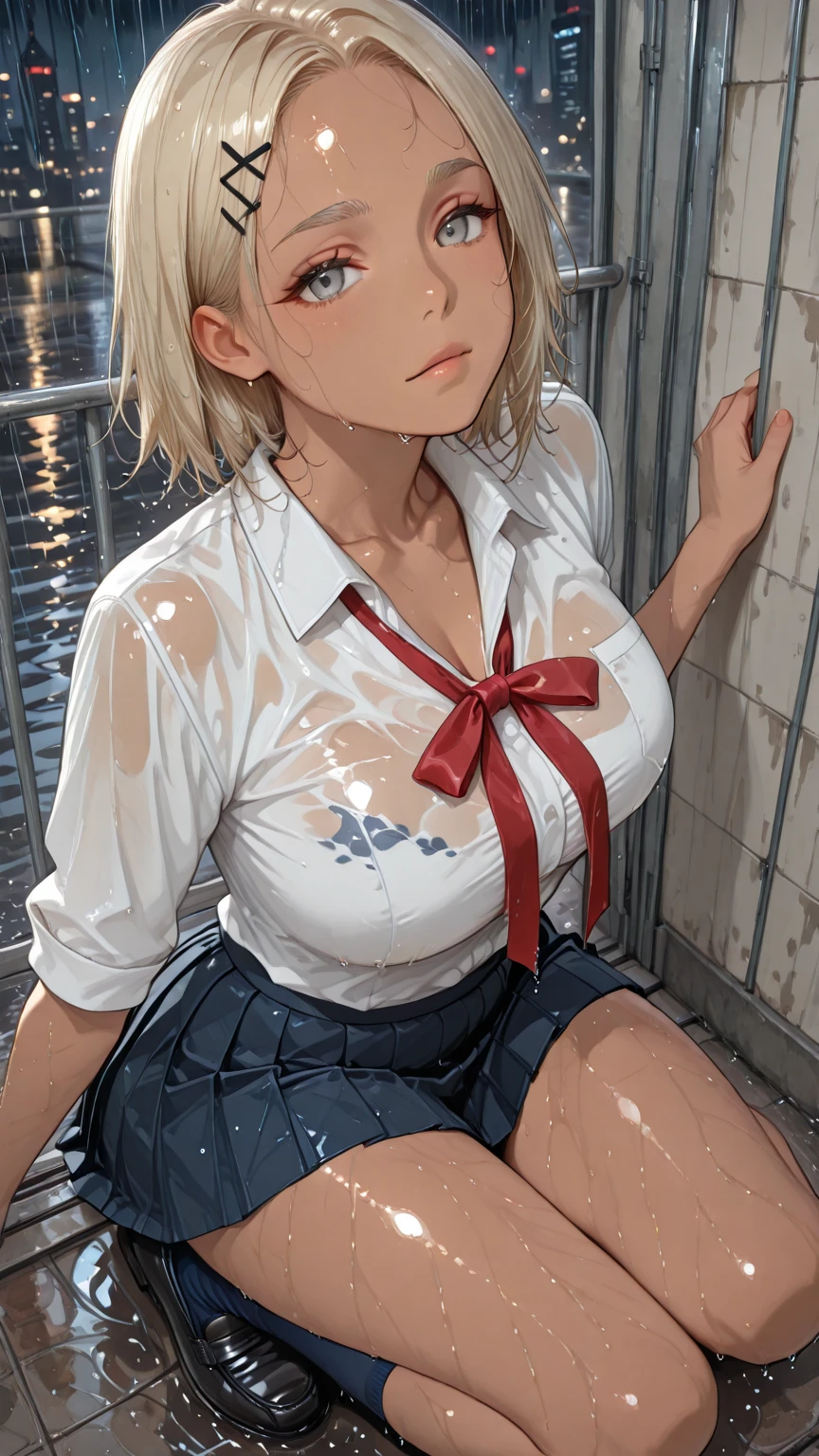 (8k, RAW photo, best quality, masterpiece, soft cinematic lighting, soft color:1.4),(front view:1.7),( POV,looking at viewer:1.7),(detaileds beautiful eyes focus,Close-up beautiful eyes:1.6),(realistic), (dark room,room full of trash background:1.6), (solo, mature woman,19years old,super beautiful face,super detaild beautiful eyes :1.5), {sailor uniform:1.1),(show off nipple:0.5),low-cut miniskirt,sheer :1.3}, (embarrassed,red Cheeks:1.25),bob cut hair, {{slicked back hair}}, white blonde color hair, clean skin, (smaller butt:0.5),(coverd nipple:0.8),(sagging huge long wide heavy breasts:1.5),(under boob:1.8), (thick, curvy:1.35),(1boy,sex,open leg:1.5),(open mouth:1.2),(arms behind back:0.8),(sitting,on side:1.7),