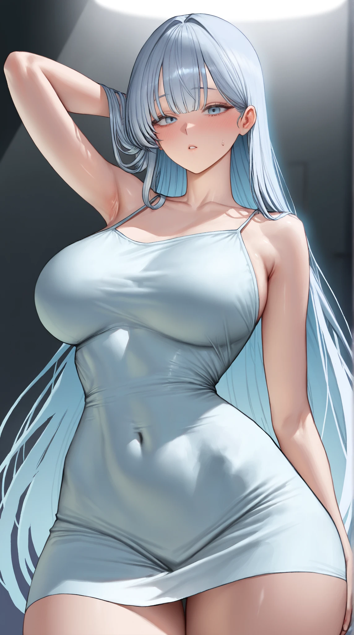 ((obra maestra)), ((mejor calidad)), (ultra detallado), ((extremadamente detallado)), 4k, (8K), mejor calidad, (Hermoso), estilo animado, mirar hacia arriba desde abajo, bar, noche, a pretty girl, 1 chica, solo, traje, Hermoso rainbow hair, Hermoso blue eyes, ((Hermoso eyes)), De piel blanca, pendientes, collar, sonrisa