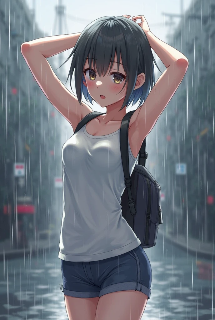 (masterpiece,best quality,ultra-detailed,intricate,detailed face,detailed eyes,beautiful eyes),(((rain:1.5,屋外、大都市の裏路地)))、(((1woman,wet:1.5,wet:1.5,傘をささない:1.5)))、cowboy shot,20歳の美女、dark blue hair,medium bob hair,sad,(micro shorts, 白色のTシャツ、濡れた衣服:1.5),(slender body,medium breasts,gleaming skin),sitting,from front,(depth of field:1.2),nsfw,