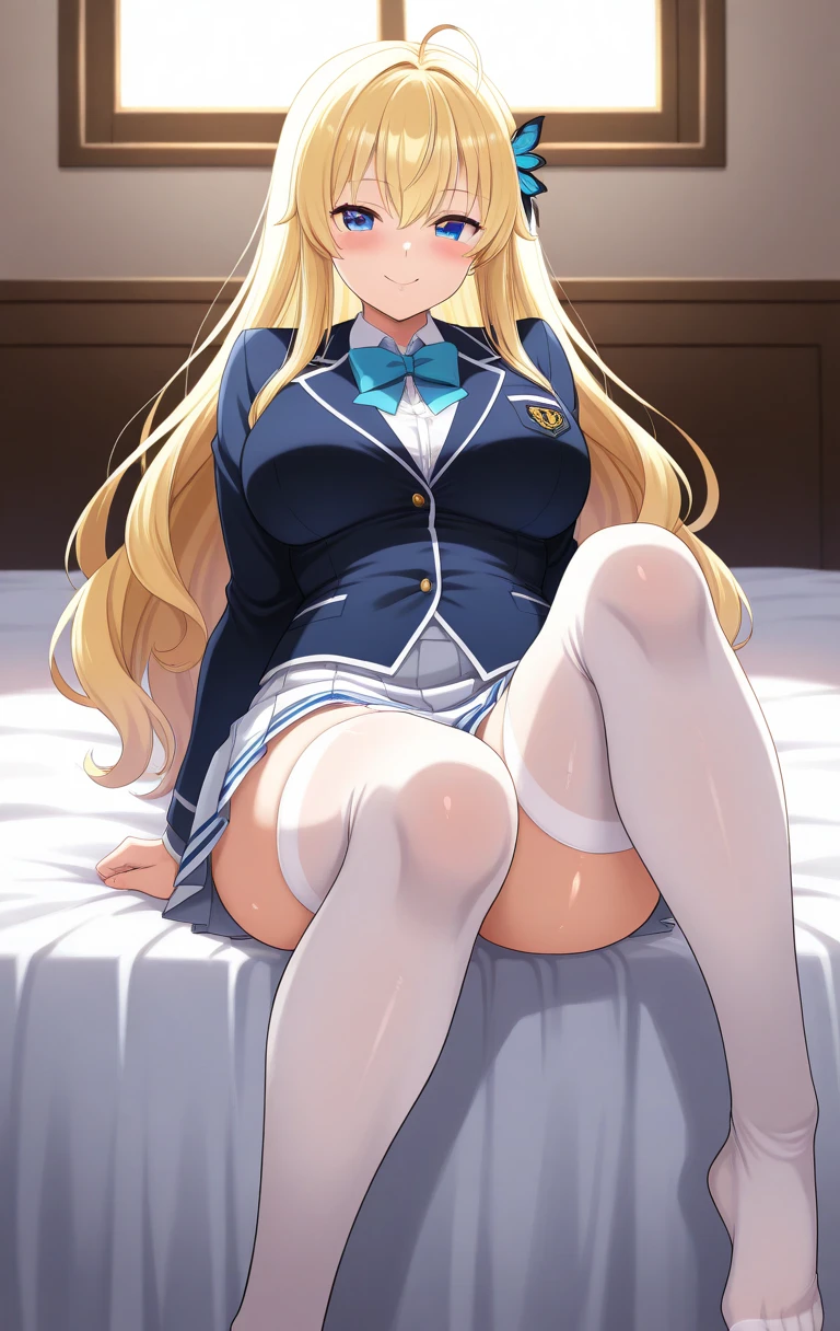 Beautiful long blonde Girl in a sailor suit Pleated skirt mini skirt Long sleeve Small breasts Black panties with lace Low - Angle Sit with your knees up