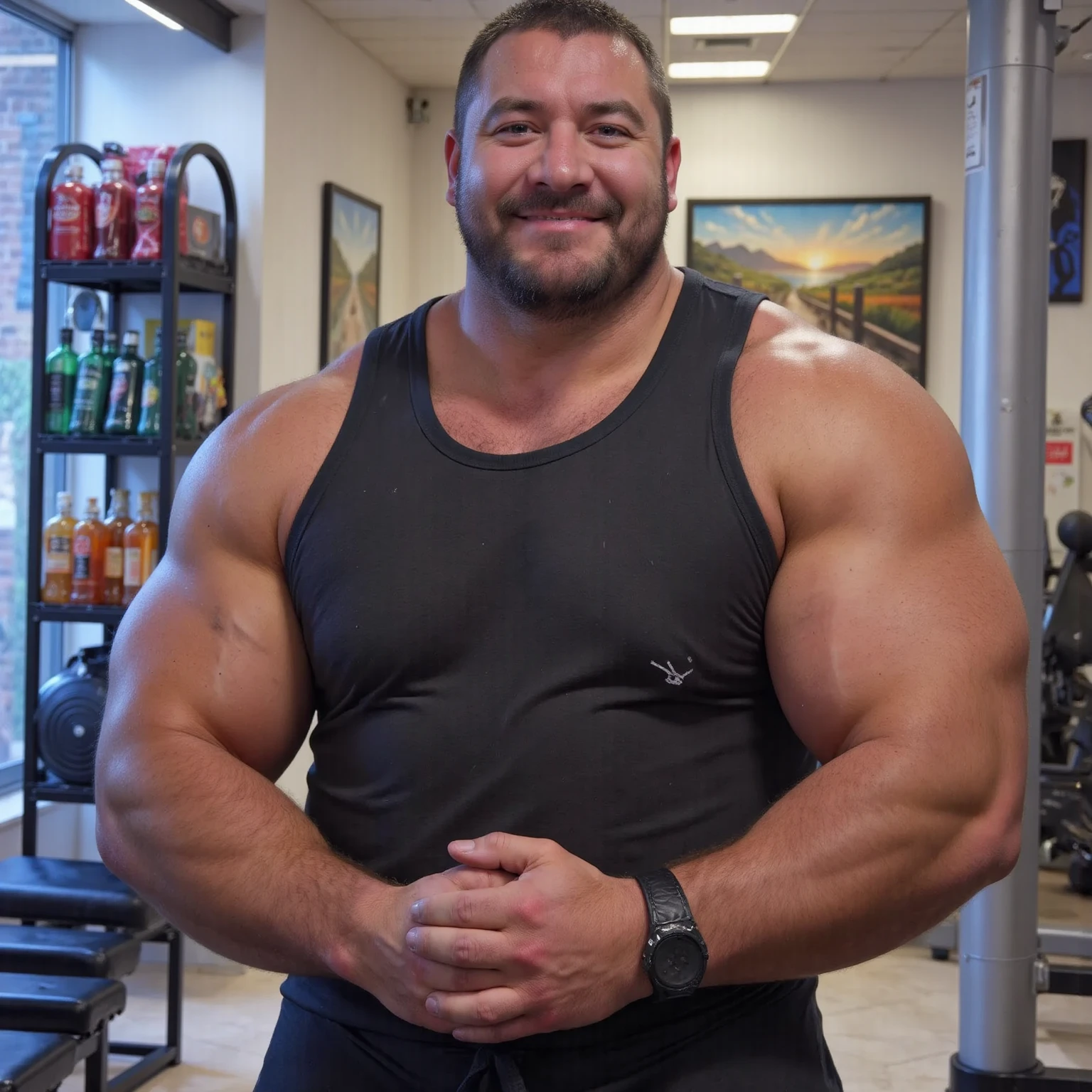 (handsome mature man), (50 yo), white man, wearing a tank top and sport shorts, bulge, (beefy:1.3), beard, looking at viewer, beautiful man, detailed eyes, symmetric face, smirk, robust,