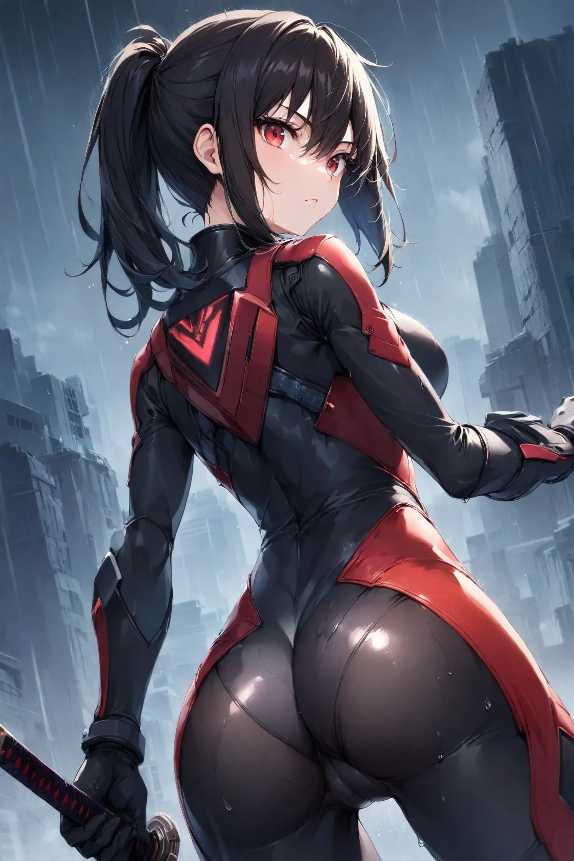masterpiece, Highest quality, High resolution, One girl, alone,ponytail, Long Hair、Brown Hair, Brown eyes,Jail、((Exorcist Ninja))、(Snow Wind)、(Bodysuits)
