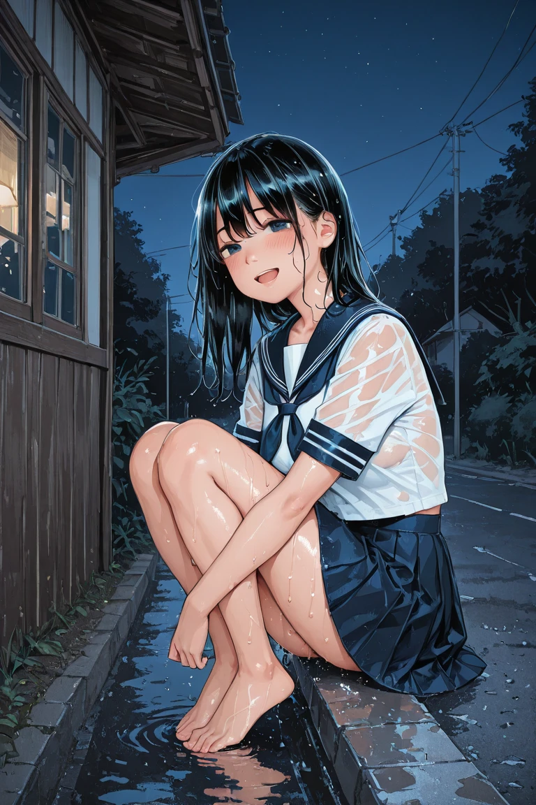 1girl、Black Hair、Sailor suit、Wet clothes、Wet Hair、Grass、heavy rain、evening、Reflection on the water、puddle、(watercolor painting:1.3)、deep faint light 、 detailed CG、high resolution