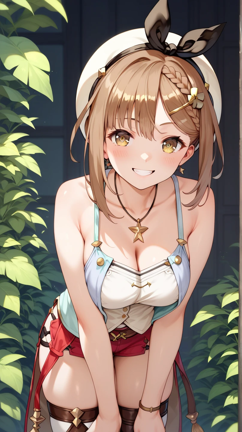 best quality, masterpiece, highres, solo, {minegumo_kantaicollection:1.15}, long_hair, twin_braids, braid, light_brown_hair, red_eyes, breasts, brown_eyes, gradient_hair, multicolored_hair, blush, open_mouth, bow, bowtie, red_bow, smile, red_bowtie, large_breasts, 1girl, alternate_costume, cleavage, hat, one-hour_drawing_challenge, simple_background, straw_hat, white_background, dated, looking_at_viewer, artist_logo, gloves, naked_overalls, overalls, upper_body, white_gloves