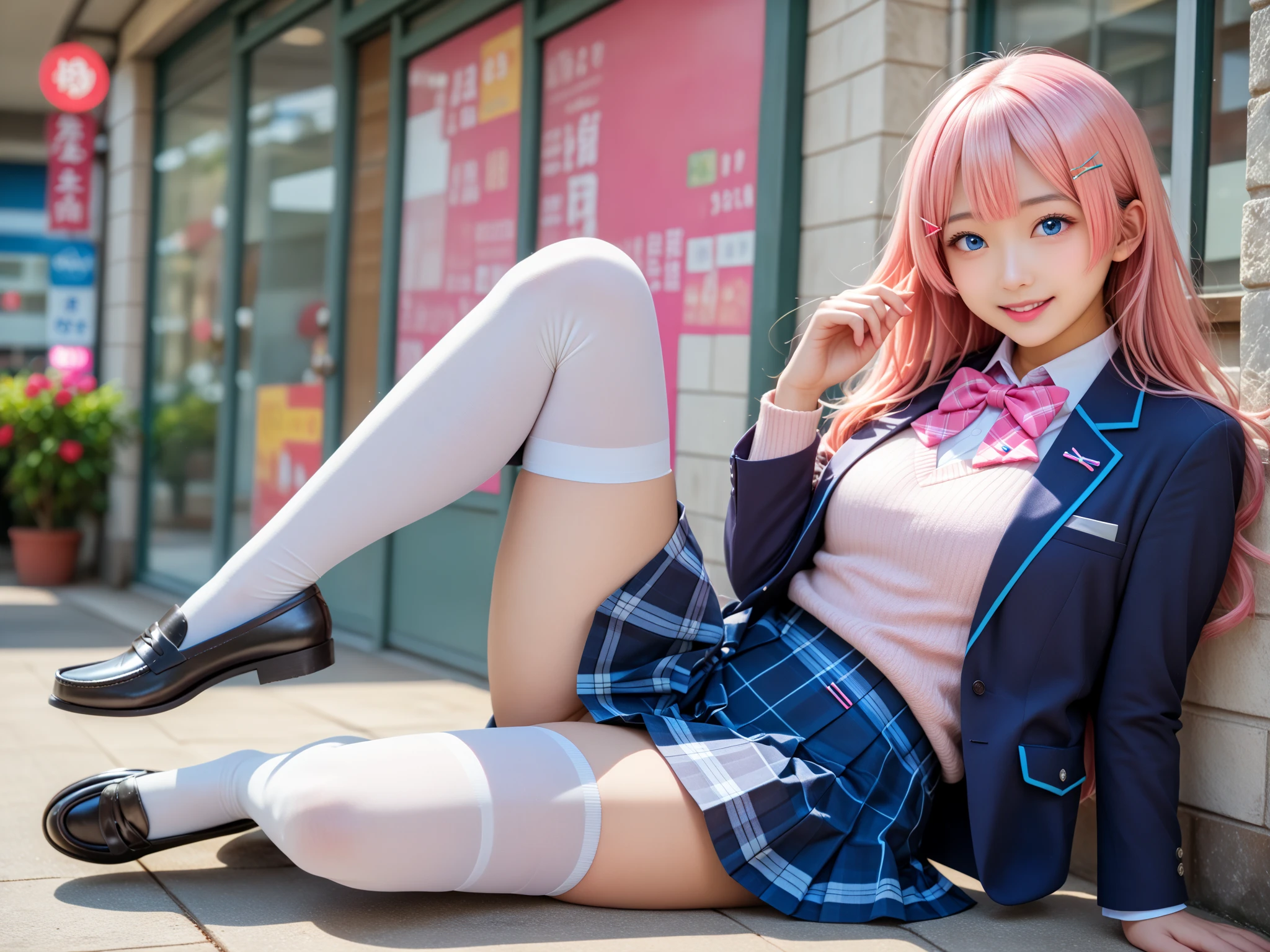 ((Best Quality)), ((masutepiece)), (Detailed), perfect face 1 woman、(Solo)、(Super beautiful)、(beauitful face:1.5)、(A detailed face)、Slender Abs、(navy blue stewardess uniform:1.2)、Squatting、troubled look、Body facing the camera、(The shape of the woman's pubic area is clearly visible)、Facing forward、(M-shaped legs:1.5)、(Pee with your legs wide open:1.5)、(Pink micro panties with a ribbon from a navy pleated skirt:1.6)、(Bare legs:1.4)、(Wearing pin heels)、Angle from below、(At SFW:1.1) Beautiful half face beauty、爆乳 8k bright lighting Beautiful big eyes、Curly hair long highlight a smile I'm pulling your panties and digging into them.