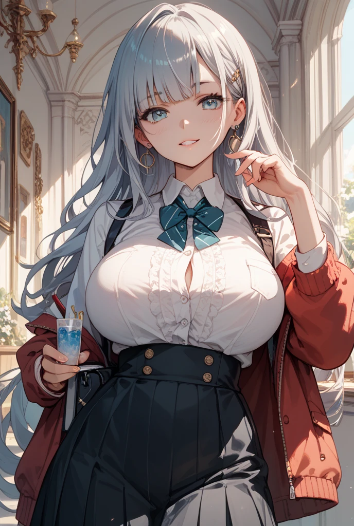 ((Sketch)), ((Watercolor)),((best quality)) ((best quality)), ((masterpiece)), (detailed), HD, Highly Detailed, 4k image, anime style, beautiful young girl, tanned white skin, waist-length silver-red colored hair wirh red highlights at the edges, soft facial features, heterochromatic eyes(left eye: silver)(right eye: red), gothic sundress, cherry red plump lips, large E-cup breasts, short height(150cm). wide hips and large round ass, silver round-frame glasses