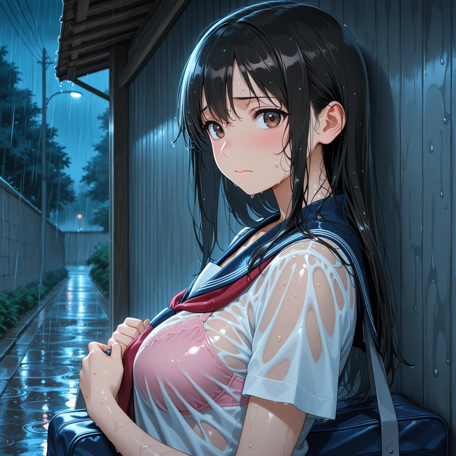 A beautiful anime girl with large breasts, wearing a school uniform, extremely detailed, rainy, wet body, visible black bra