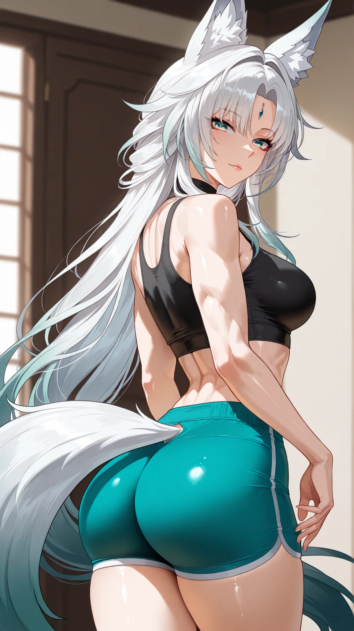 kitsune, sweat, huge breasts, thick thighs, gym clothes, midriff