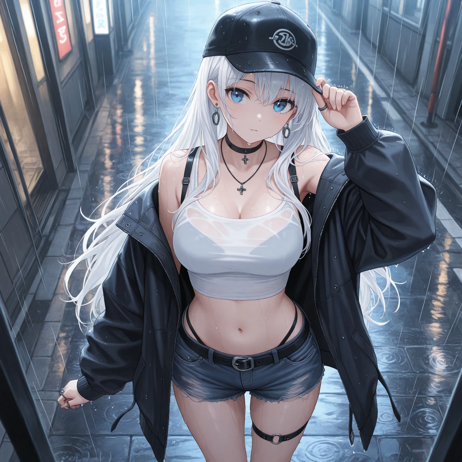 top-quality、Top image quality、masterpiece、girl with((18year old、Black navel exposes short sleeve hoodie、Sportsbra、White pan Bust、Bust 90、silber hair、disheveled long hair、Blue eyes、open chest wide、Happiness、Chain Accessories、Put on headphones、Cosmic Accessories、weightless、Pointing up)hiquality、visualart、Background with(subway, metro station))、masutepiece、Best graphics、Super delicate