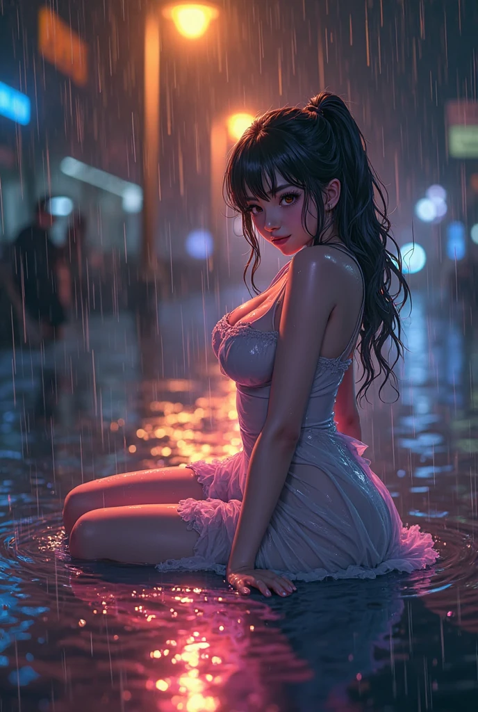 Masterpiece, high high quality, A high resolution, high textured, 8K, HighDynamicRange, girl in bikini, small breasts skinny, tight gap, sitting, very long hair, bangs, wet skin, messy hair, Detailed skin, fine-grained skin, natta, night beach, city lights, flirting, sexy, freaky happy