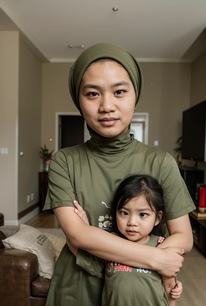 Pale skin Uzbek woman in hijab standing in room bracelet embracing her ebony African baby