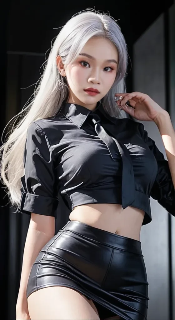 （Girl Standing In Office Changing Room）、（（posterior view））, Silver hair, Bangs, Blunt bangs, Long straight hair, （side poneyTail）aqua eyes, longeyelashes, Solid Circle Eyes, makeup, Open mouth, blush, Parted lips, Bright pupils, smiley, Seductive smile, glint, surrealism, Modern,Career Woman、Black tight skirt、Black pantyhose、high-heels、(White loose crop top, Black tight skirt: 1.6)