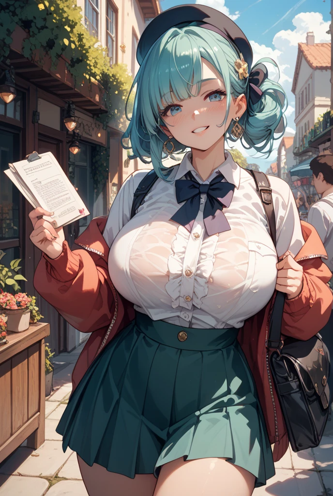 (summer light:1.2), (gigantic breasts:1.4), 1woman, green hair, short hair, long banns, purple eyes, hair over one eye, put book on her knee, slight smiling, white lab coat, black glasses, black pantyhose, sitting on a wooden bench, outdoors, red brick walls behind, country streets, Windows on walls,