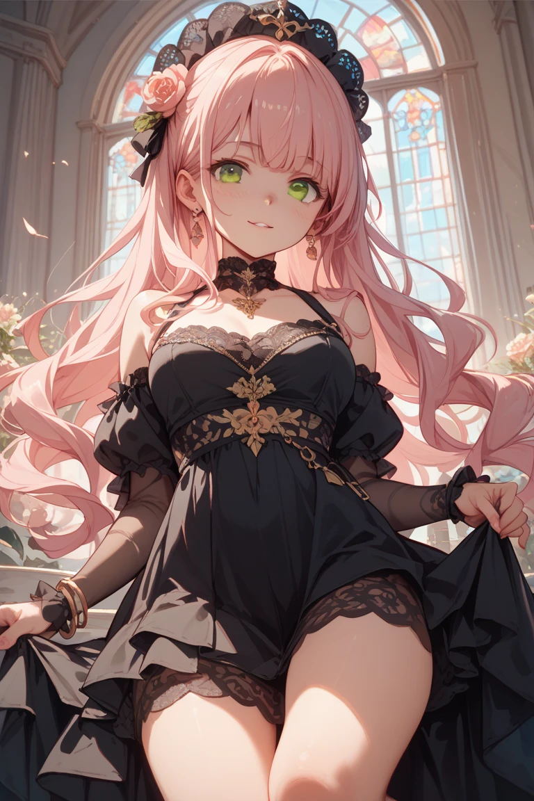The image is of a beautiful woman wearing a tight fitting black lace lingerie. The woman has long flowing pink hair with strands of braided hair tied with red ribbon throughout. She has gorgeous green eyes that shine like emeralds. Her face is youthful and gorgeous. Her breasts are ample and seem too large for her tight fitting black lace bra. She is short in height but well developed -a short stack. She blushes as you look at her. She's standing in your bedroom and is excited to be with you. The image is ultra detailed with gorgeous colors, perfect line work, and detailed shading.