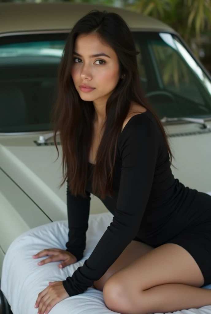 ((best quality)), ((masterpiece)), (detailed), Traduire du texte avec votre appareil photo
beautiful Latina woman, 22 years old, long black hair, symmetrical brown eyes, long white dress, blue heels, in front of a luxury car.