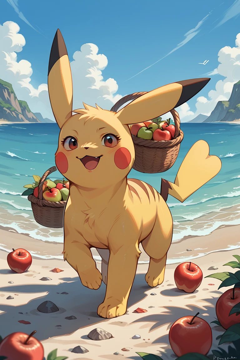 furry anime, Pokemon_Pikachu, completely , feral pokemon, glossy, running pose, , fruit apple basket, beach, full body view, 
