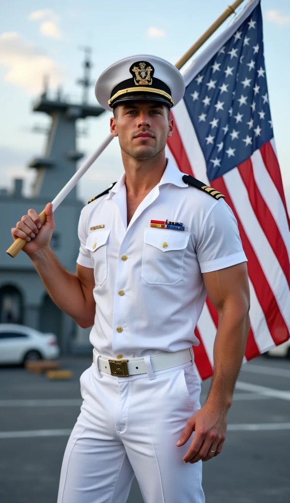 (GS-Masculine:1), (1boy), (front side view), close up shot, (looking at viewer), Very detailed handsome face, heroic, detailed realistic open eyes, (soft smile). (freckles), tan glowing skin, sexy vintage american pinup, mustache, patriotic backdrop, sailor attire, flexing, blue neckerchief scarf, ship captains hat, white casual shorts with a leather belt