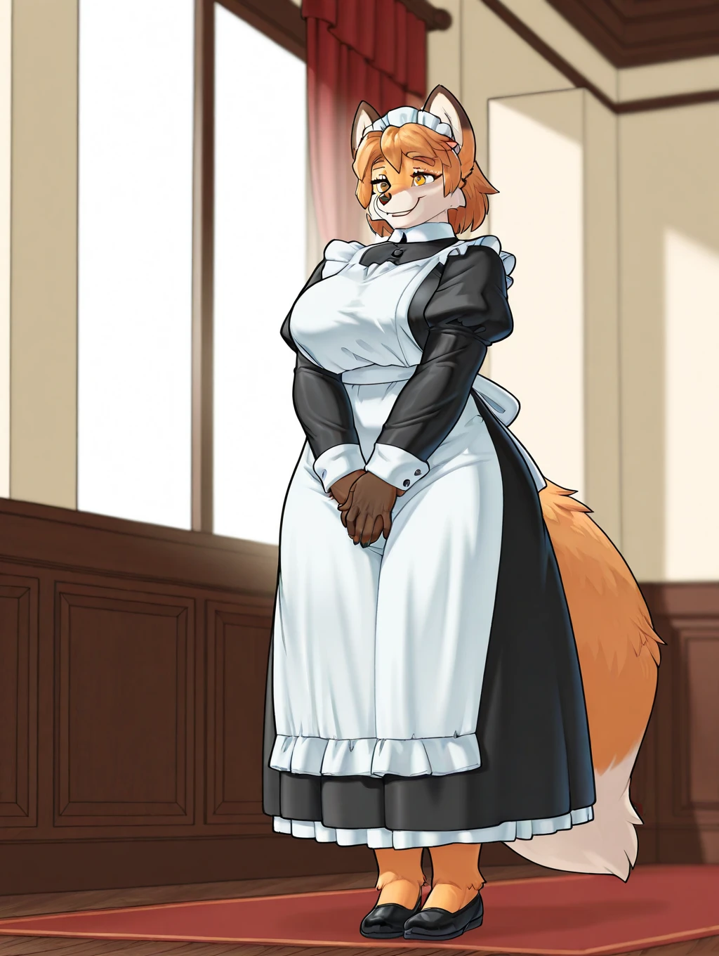 masterpiece, best quality, amazing quality, very aesthetic, high resolution, ultra-detailed, absurdres, newest, scenery, depth of field, scenery, volumetric lighting, by team shuffle trump, fox, canine, canid, canis, 1girl, solo, animal ears, furry female, breasts, furry, maid, apron, maid headdress, long sleeves, large breasts, maid apron, juliet sleeves, full body, own hands together, puffy sleeves, smile, v arms, standing, body fur, short hair, animal nose, dress
