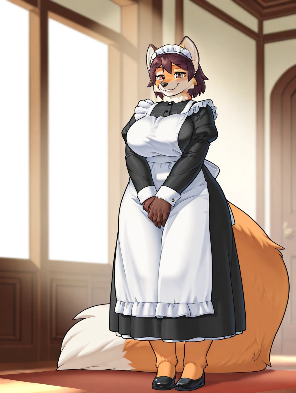 masterpiece, best quality, amazing quality, very aesthetic, high resolution, ultra-detailed, absurdres, newest, scenery, depth of field, scenery, volumetric lighting, by team shuffle , fox, canine, canid, canis, 1girl, solo, animal ears, furry female, , furry, maid, apron, maid headdress, long sleeves, , maid apron, juliet sleeves, full body, own hands together, puffy sleeves, smile, v arms, standing, body fur, short hair, animal nose, dress