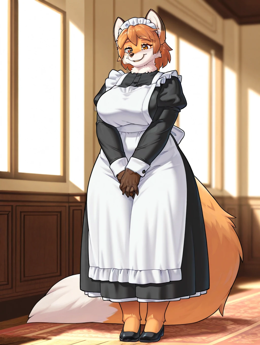 masterpiece, best quality, amazing quality, very aesthetic, high resolution, ultra-detailed, absurdres, newest, scenery, depth of field, scenery, volumetric lighting, by team shuffle trump, fox, canine, canid, canis, 1girl, solo, animal ears, furry female, breasts, furry, maid, apron, maid headdress, long sleeves, large breasts, maid apron, juliet sleeves, full body, own hands together, puffy sleeves, smile, v arms, standing, body fur, short hair, animal nose, dress