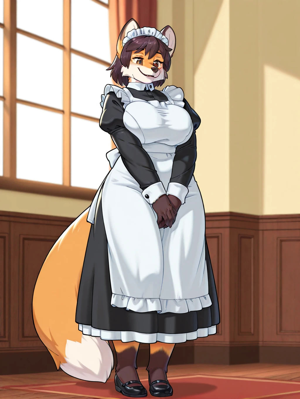 masterpiece, best quality, amazing quality, very aesthetic, high resolution, ultra-detailed, absurdres, newest, scenery, depth of field, scenery, volumetric lighting, by team shuffle trump, fox, canine, canid, canis, 1girl, solo, animal ears, furry female, breasts, furry, maid, apron, maid headdress, long sleeves, large breasts, maid apron, juliet sleeves, full body, own hands together, puffy sleeves, smile, v arms, standing, body fur, short hair, animal nose, dress