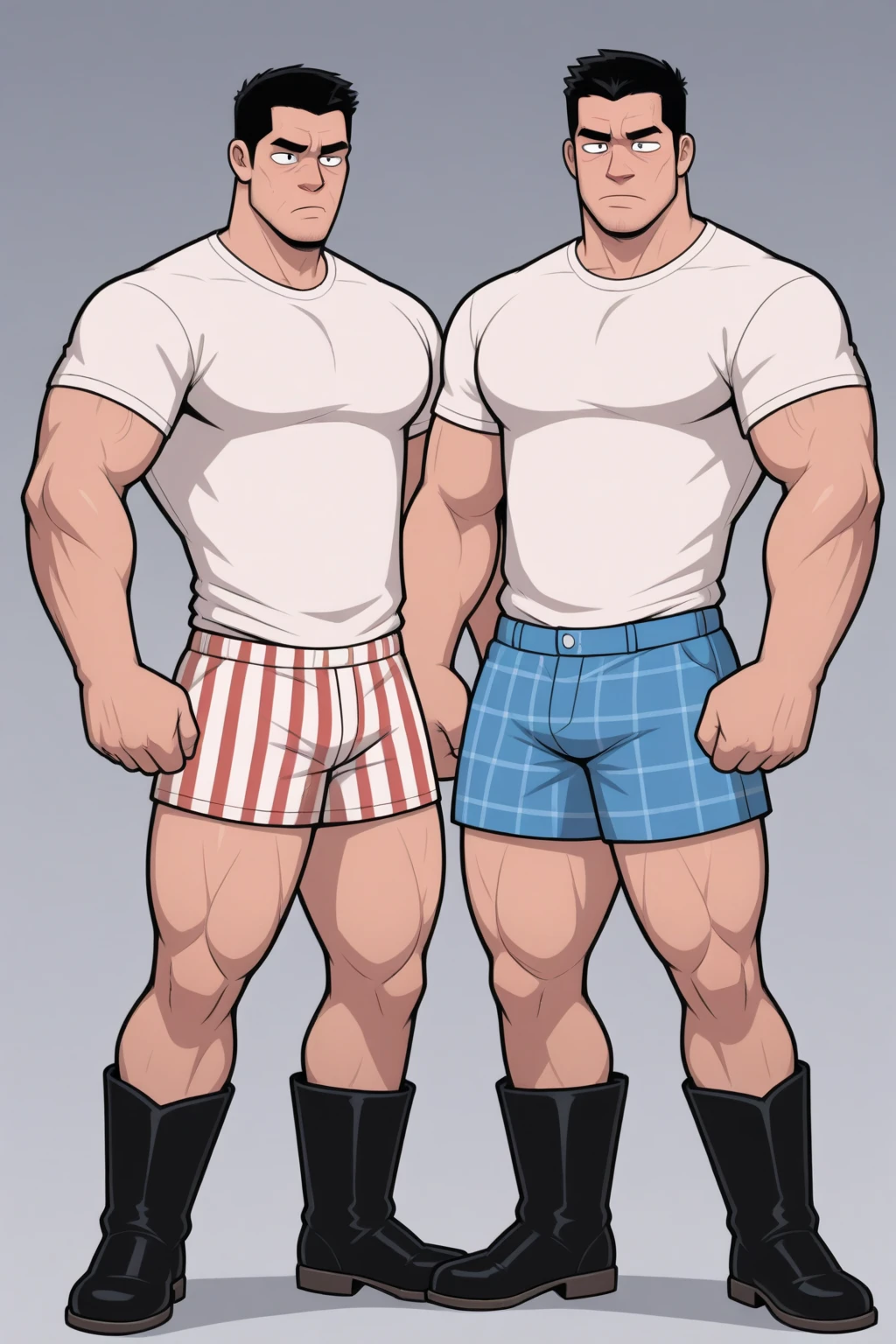 1boy, single, reference sheet, character design, front angle, side angle, left side angle, right side angle, dynamic poses, (masterpiece:1.2), (best quality:1.3), (reference sheet:1.5), adult anime male, huge man, tall man, masculine body, muscle body, muscle tall male, athletic body, muscle builder, muscle, bulky body, giant, Bara, 6ft. male, (Blue eyes), (short hair), (short bangs), (black hair), (pale skin), (pale skin color), beard, naked, naked men, nude, nsfw, handsome, wide chest, string underwear, speedo, huge hips, wide hips, daddy, 