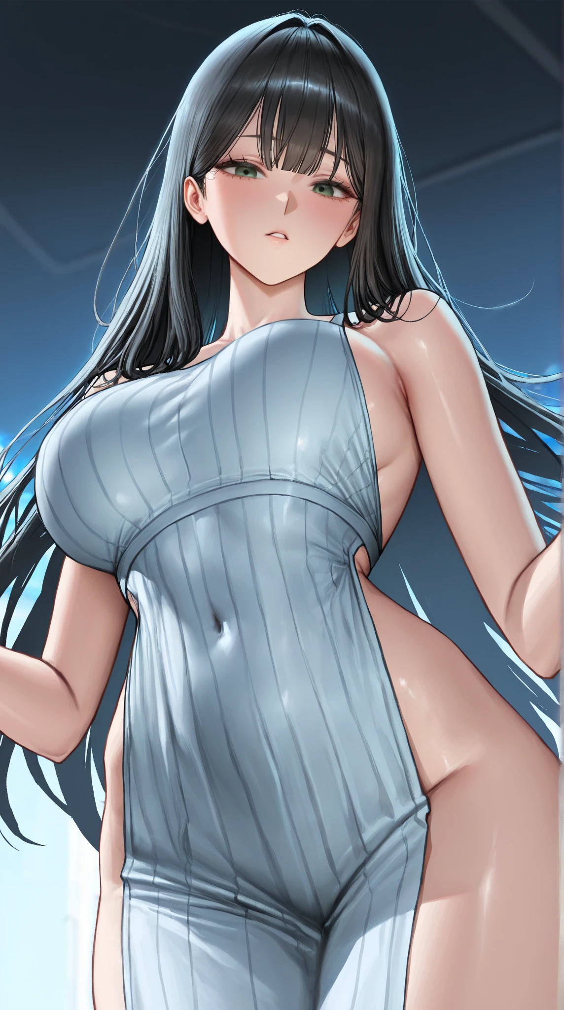 (highest quality, 8K, 32K, masterpiece, UHD: 1.3), 1 female, (Oversized: 1.3), perfect figure,, (attractive), (Sheer skin)) 、((((Transparent see-through dress))))、see-through dresses、lace sheer dress、Transparent dress、Sheer skin、Transparent dressを着た美しい裸の女性、solo、best style、big breasts、The most beautiful in the world、unparalleled beauty、long hair、 ((blue bathhouse)),、Blue lighting. concept art stunning atmosphere, blue atmosphere, beautiful concept art, Dark Majestic gorgeous public bath, Inside the blue palace、(blue water辺、blue water)、blue reflection、Cyan color、get wet in blue water、Blue light、Blue World、Expressive、sexy pose、sexy design