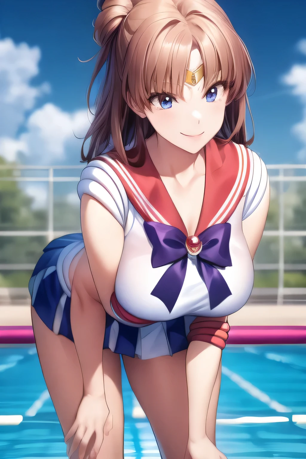 masterpiece, highest quality, High resolution, 8k, high resolution, super detailed, 1 girl, (anatomically correct), (All limbs), (Precise fingertips), Slender 18 year old beautiful active girl, brown eyes, narrow eyes, black haired, Extra Belly Shorthair, (black skin:1.3), ((sailor moon: 1.3)), (white leotard), (Blue Sailor Color), (Over-the-knee boots:1.1), choker, (white gloves), 青いchoker, (elbowgloves), (blue skirt), only, flexible, (stand on one leg:1.2), (standing split:1.3), muscular, hand lifting one leg, ((gymnastics competition venue:1.3)), laughter, high school student, Looks like a whole body, Bust 86, Waist 58, Hip 88, (a lot of sweat), (trained body, toned body, crack your abs:1.1)