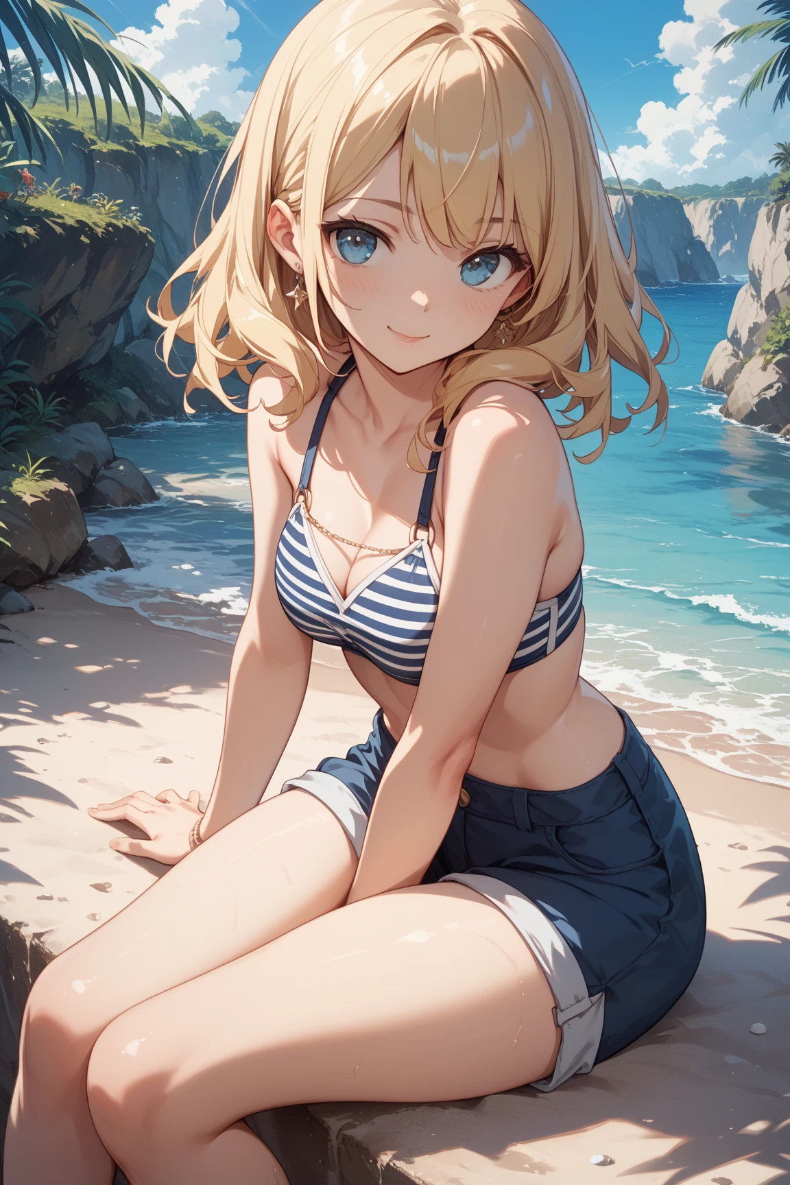 (((masterpiece))),best quality,girl,smile face,outdoor, floating ,blue eyes,very good day,having fun,at the sea,swim wear,solo,sunshine,wet hair,wet body,resort,eyes are shining,