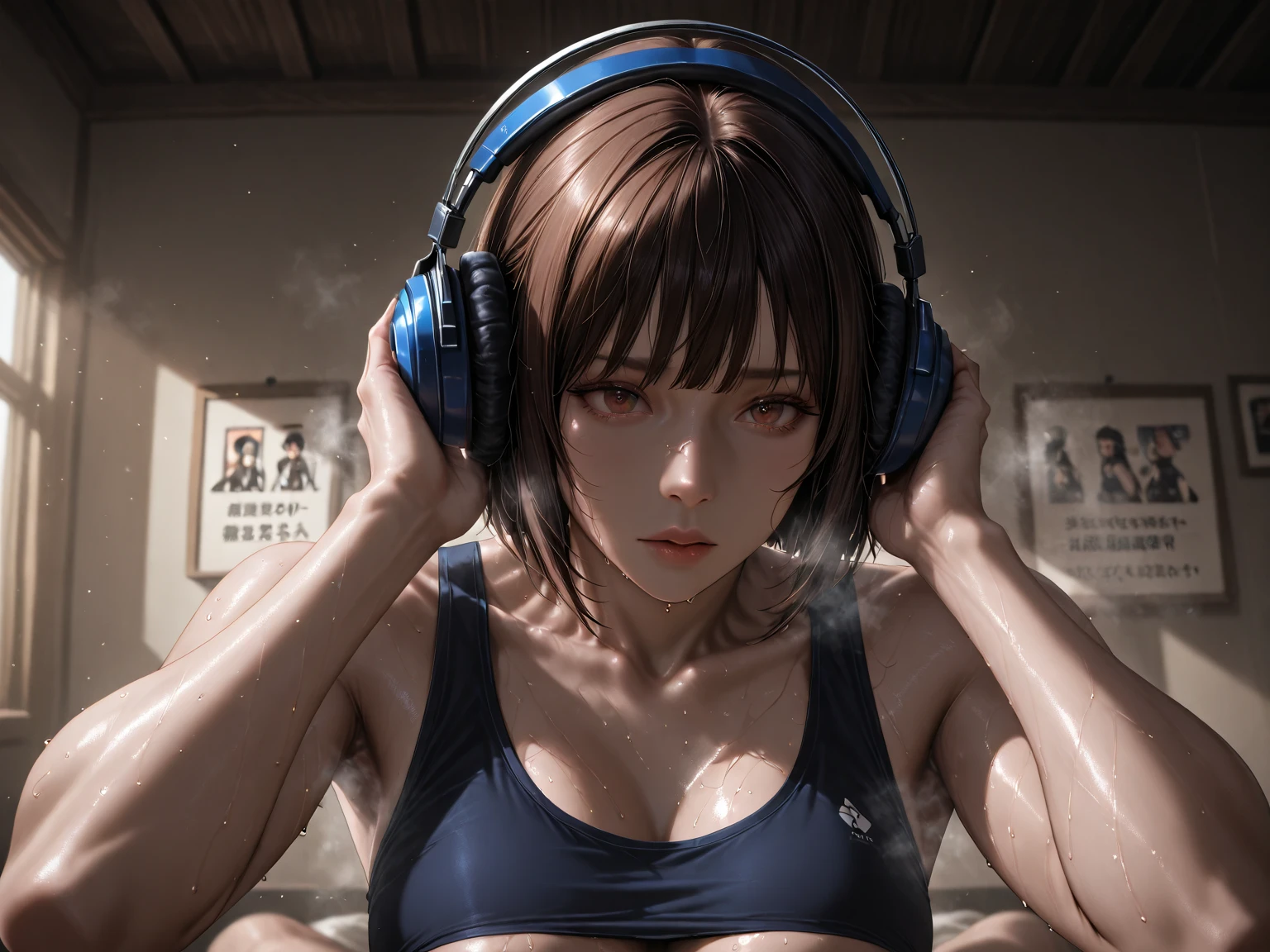 submissive female with blindfold and headphone be restrained on meditation in dark room, no abnormal anatomy