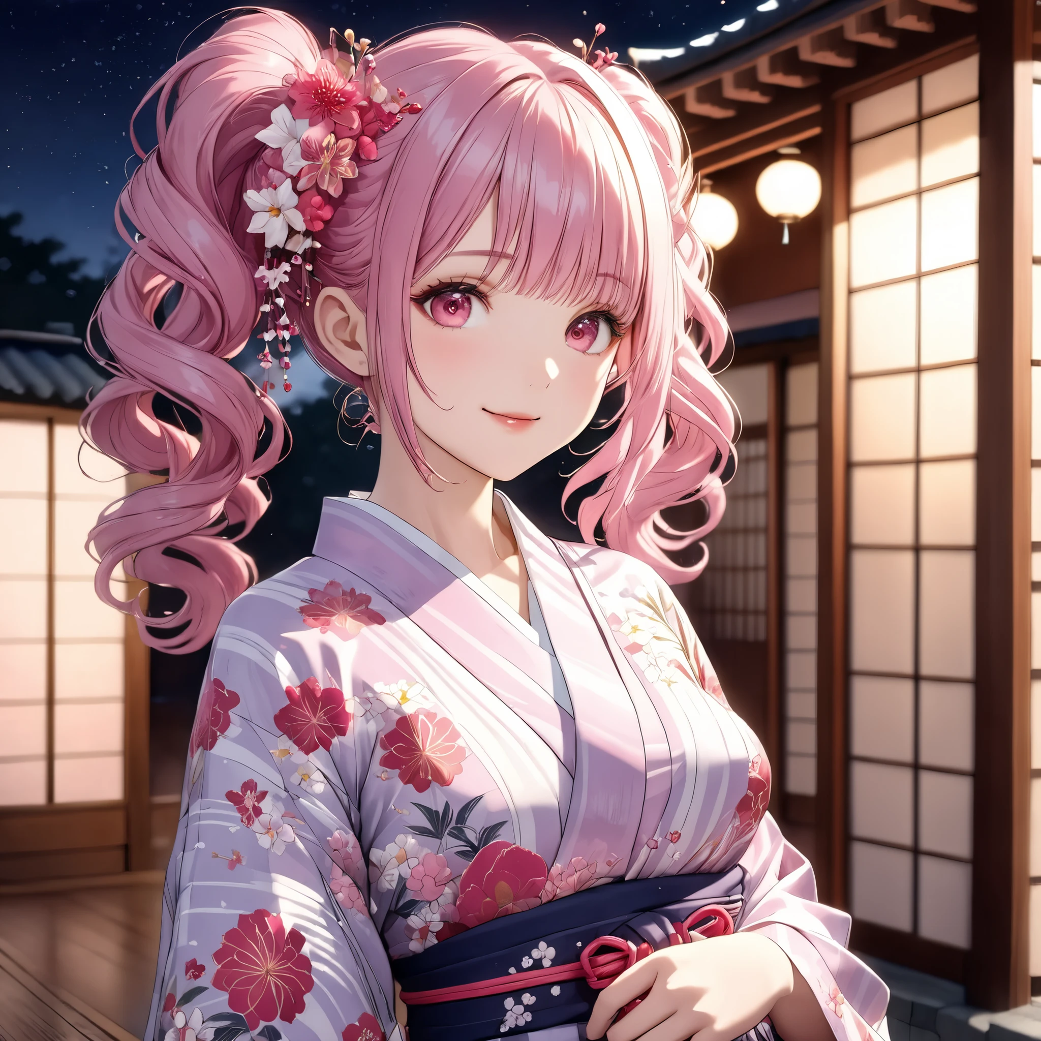 ultra-detailed, ((one girl)),pastel colour,  hyper detailed, absurdres, 8K, Beautiful Face, (Laugh shyly), ((teasing smile:1.8)), ((Wink:2.0)), (Laugh with your mouth wide open),(Tilt your head:1.3),  View your viewers, ((Bright red cheeks:1.6)),Glossy Red Lips, ((Big Breasts:1.5)), (valley),night, Shrine festival stalls, (Brighten your face), ((Anime style background)),masterpiece, Highest quality, so beautiful,Latest, Complex details, (Pink long nails), (nail art), (ring),(bracelet), (Floral Choker),AI-generated, Complex,High resolution, Highest quality, super high quality,3D Images、3D Images,One person,Pastel pink long hair,(High Ponytail), (wavy hair:1.3), 写真のポーズをとるpastel colourのアニメの女性, ((Fine grain、blue eyes、glowing eyes:1.4)), (Squint your eyes:1.1),a hyperRealistic , hyperRealistic , Realistic,Anime woman with long pastel pink hair, Smooth anime CG art, pastel colourの豪華な着物を着た女の子, ((White long-sleeved kimono)),(Pink large floral pattern) ,Long flower hair ornament,Floral Earrings,Mature Body, tall,Abdominal muscles,Tight waist,((arched back:1.9)), (front view),