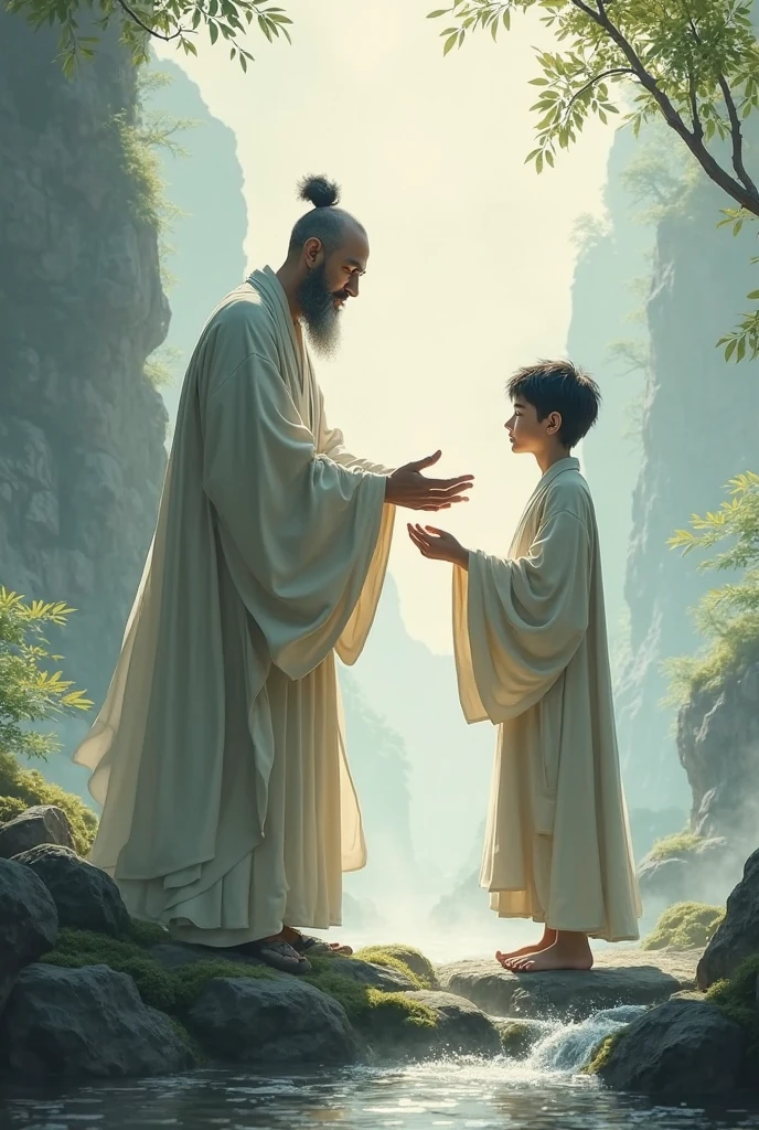 Chinese Old monk sensei standing, ​monk student, talking, surrounded by temples, beautiful trees, in anime style, beautiful scenario,
