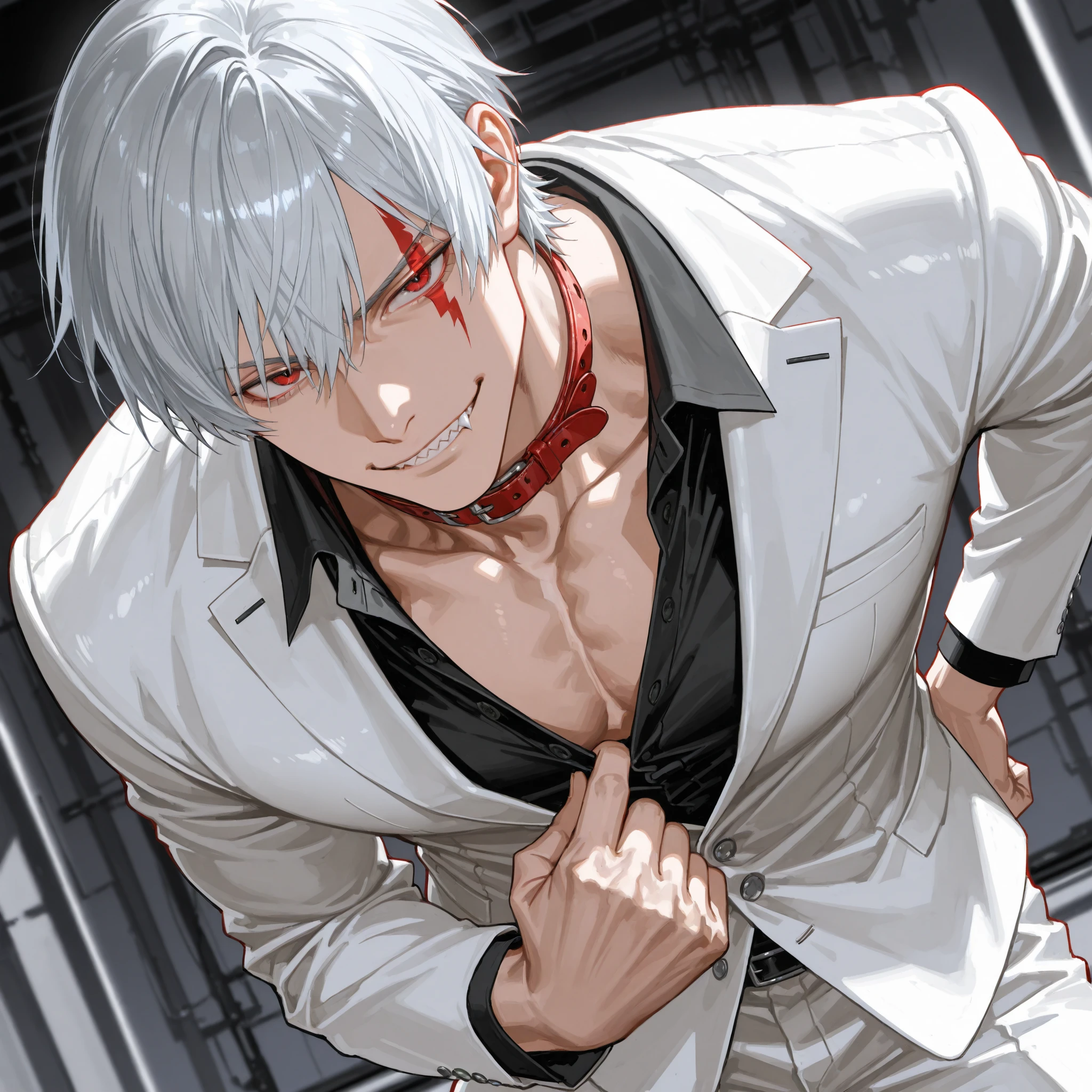 A handsome man with white hair trapped in a dungeon, bloody, Unclothed, totally naked, with a naughty face, and talking, you are not going to stop me!