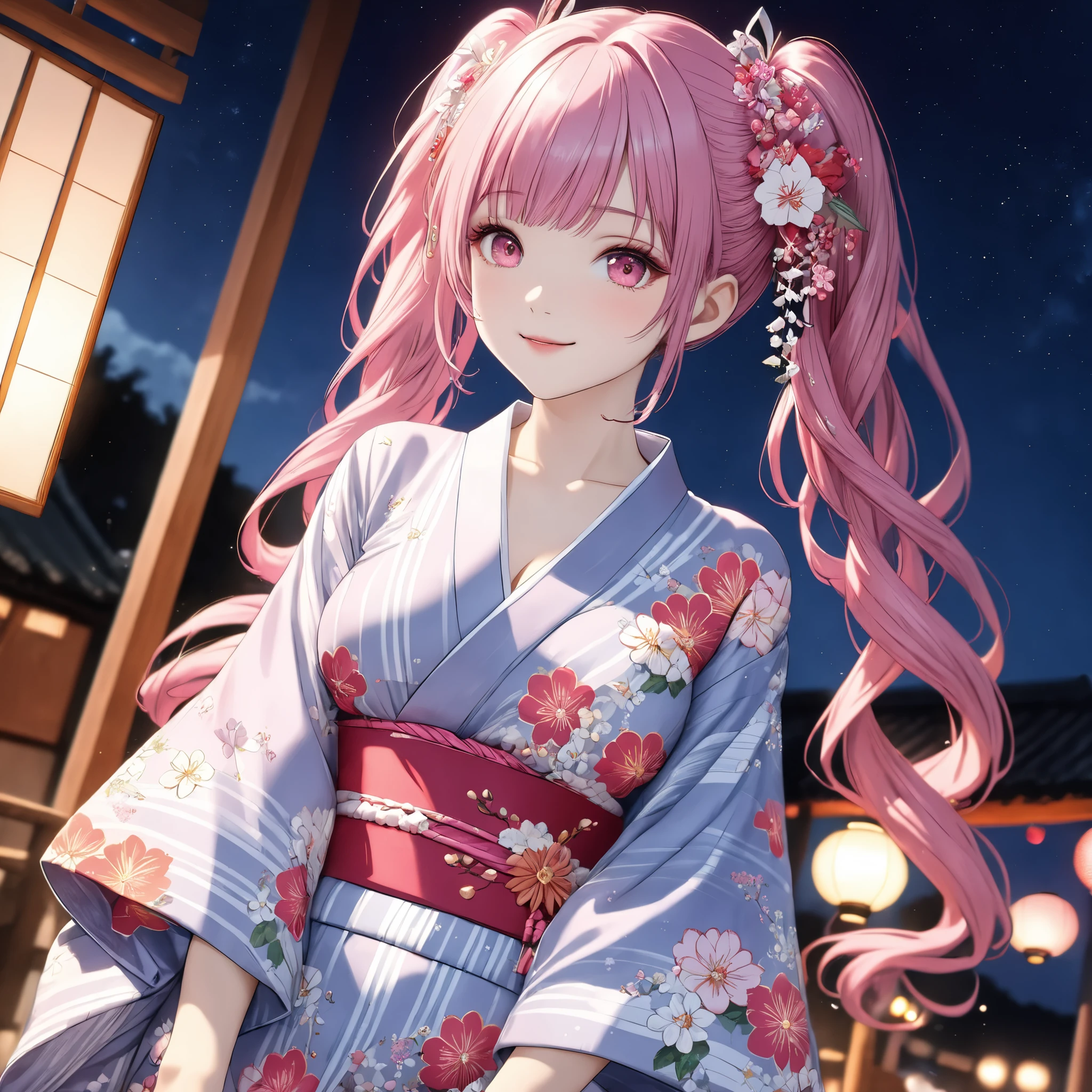 (8k, masutepiece, Best Quality, Official art, beautiful detailed, beautiful lighting, best asterpiece in history that exceeds limits), (1 Girl, solo), (sixteen years old), (beautiful detailed face), (shiny white skin), (beautiful big bust:1.3), (beautiful detailed pink twin tails hair, bangs:1.3), (beautiful detailed drooping pink eyes:1.5), (beautiful detailed Japanese yukata, black team:1.5), (happy smile:1.2), (Attractive, Look at the camera, cute pose, sensational), breathtaking scenery, (ultra detailed beautiful summer sea, night sky, stars:1.2),