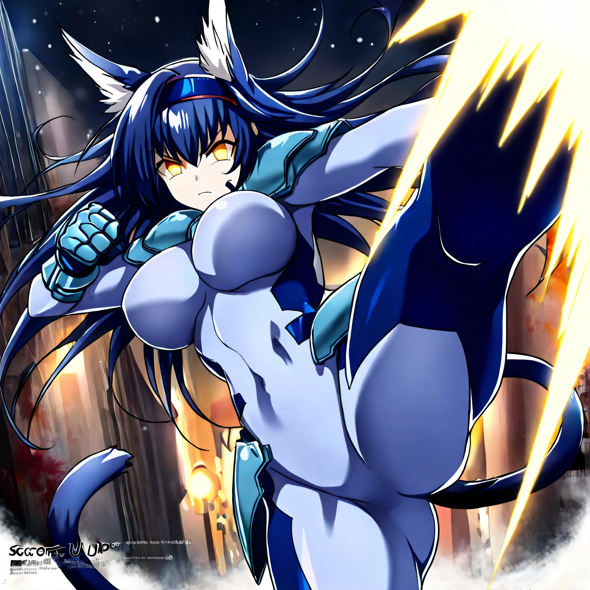 action shot of breathtaking 1girl, wolfie, hells, facial mark, black eyes, white sights, fangs, dake blue skin, werewolf 
 . award-winning, professional, highly detailed. Movement, energy, dynamic, intense, lightning