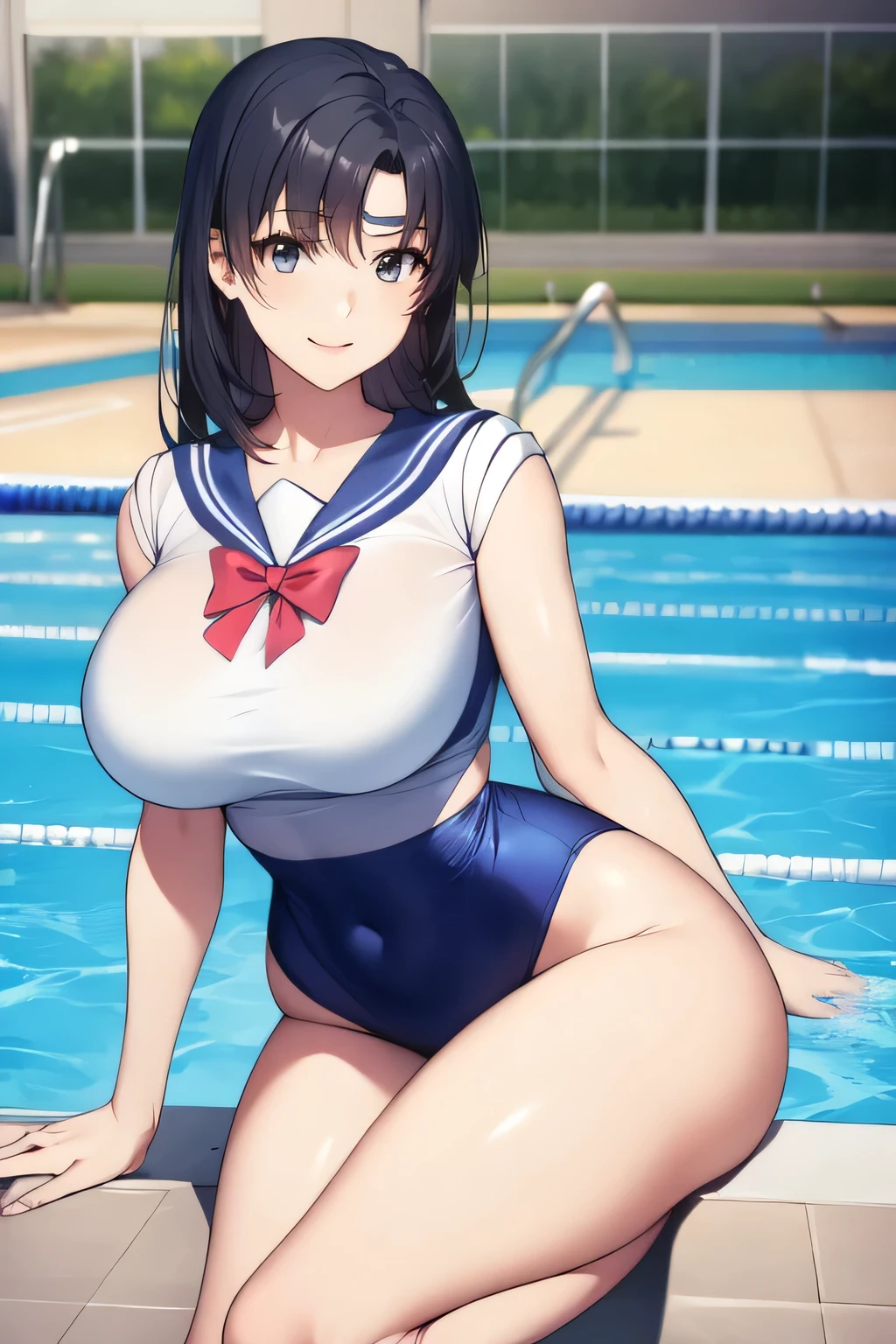 I'm at the pool facility,,can you draw a woman in a lightly clothed Sailor Moon costume,Big Breasts,Beautiful legs,,animated CG,don't cut out her expression。I give top priority to facial expression。,Please draw a smiling woman,,big breasts,,accurate depiction of hands and feet, , big breasts, thin waist , , ,I need a face,