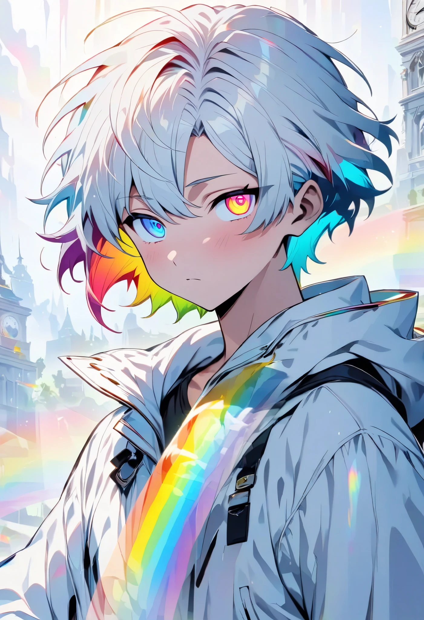 [(WHITE BACKGROUND:1.5)], ((masterpiece)), high quality, ((solo)), ((younger boy)), (men's white color short hair), rainbow inner hair, (rainbow color eye), upper body, bright skin, white parka, ((anime style)), (clock rainbow effect:1.3),